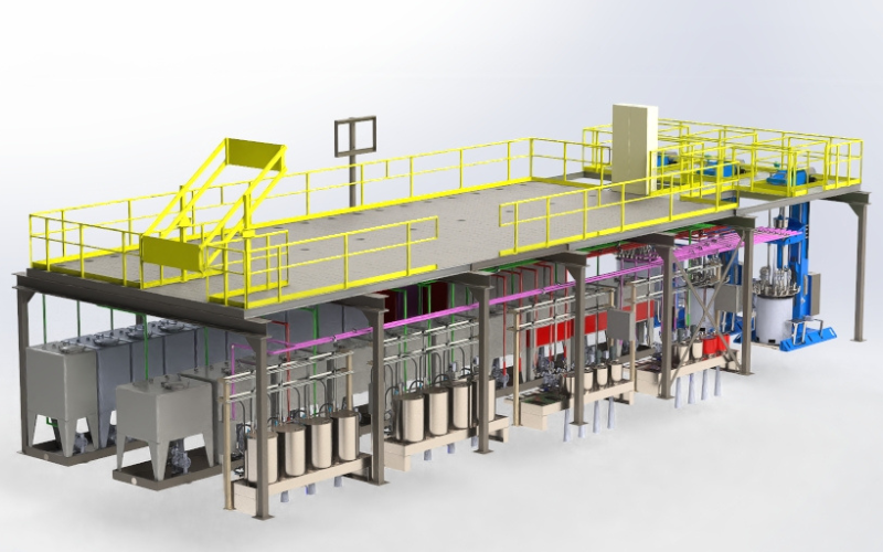 Angled overview of the FlexoKing FT-44 Triple modular dosing and mixing platform for adhesive formulations in the sandpaper industry