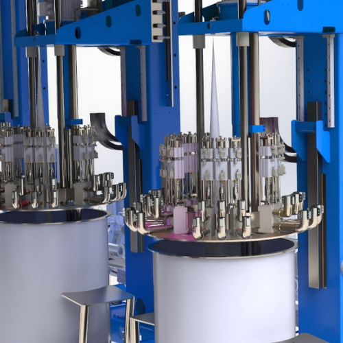 Close-up of multiple dispensing valves on the ViscoMixer of the FlexoKing FT-44 Triple used for precise dosing of adhesive formulations in the sandpaper industry